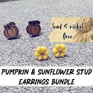 Wooden Pumpkin and Yellow Sunflower Fall Stud Handmade Unique Earring Bundle Duo